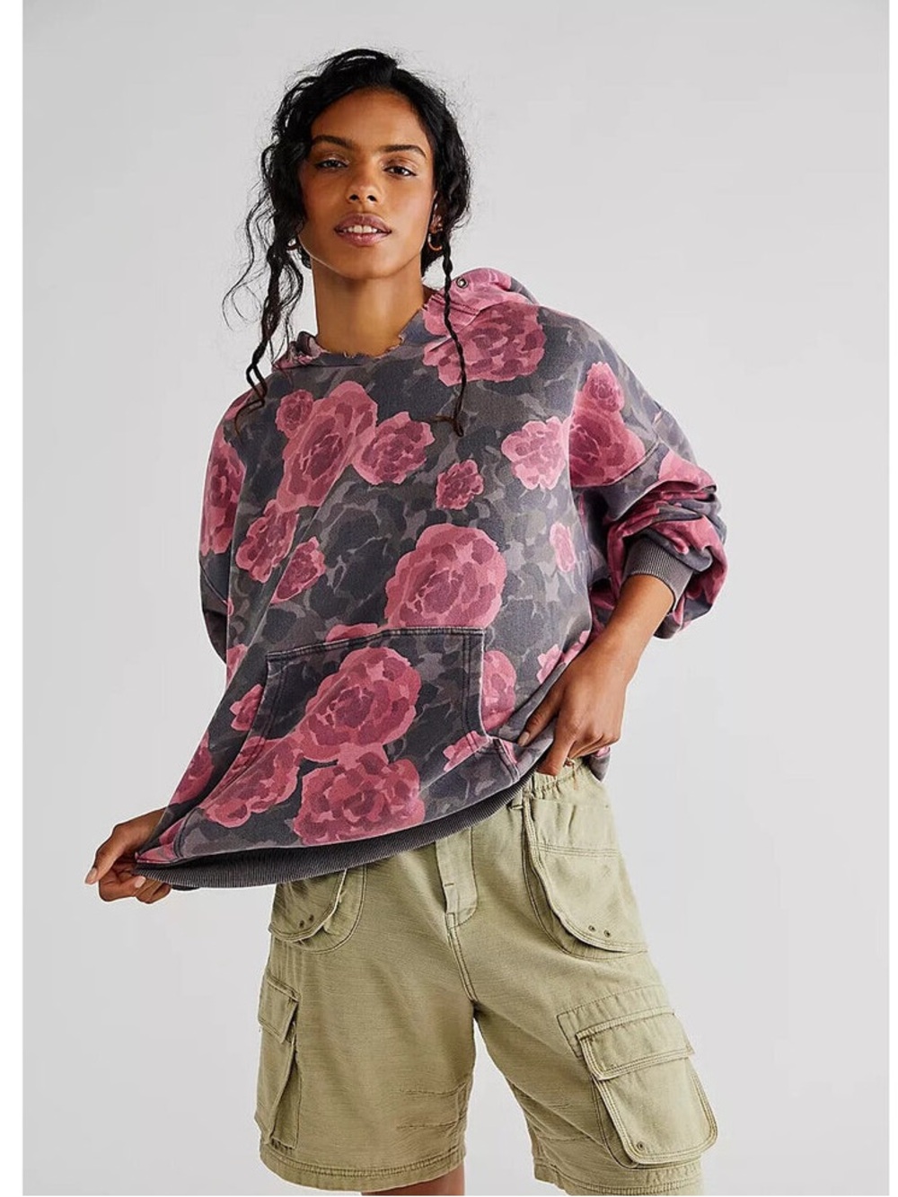 FP WE THe FREE IT’s A VIBE DISTRESSED PRINTED HOODIE in PINK ROSE COMBO | SMALL